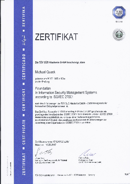 ISO 27001 Foundation Zertifikat